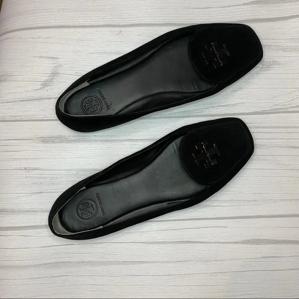 TORY BURCH Black Suede Emblem Loafers Flats